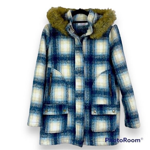 JustFab. Plaid hooded Faux Wool Coat/jacket. Blue. Medium. - Picture 1 of 10